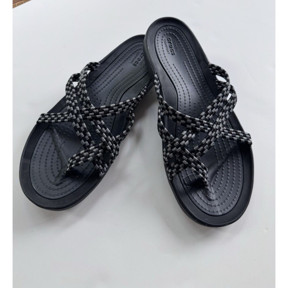 Crocs Swiftwater Strappy Sandals Women Sz 7 Black White Woven Comfort Beach